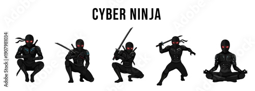 Five black cyber ninja figures in various poses against a white background