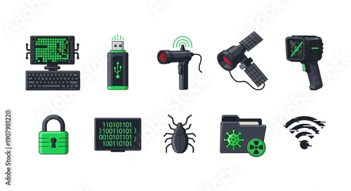 Row of ten distinct icons related to computing security and surveillance technology