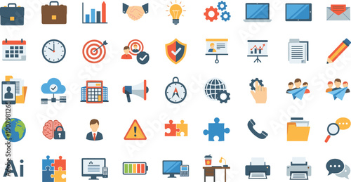Large collection of business management and marketing flat icon set with office supplies financial tools and corporate strategy symbols isolated on white background