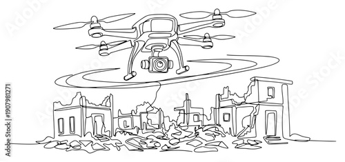 Continuous line drawing of a surveillance drone flying over ruins and destroyed city buildings
