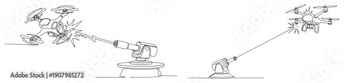 Minimalist continuous line art showing an anti drone defense system targeting a quadcopter