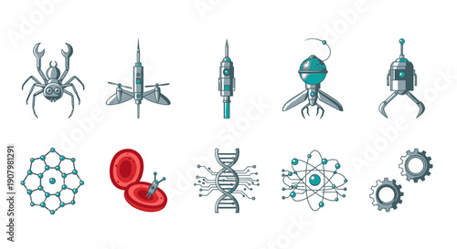 Set of ten cartoon icons related to nanotechnology and miniature robotics