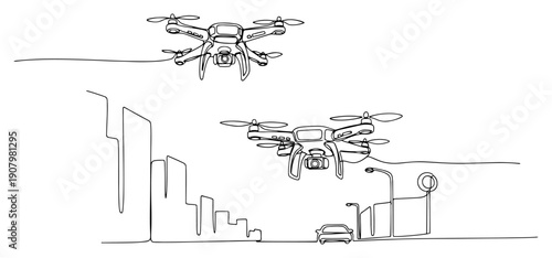 delivery and camera drones flying over modern city skyline