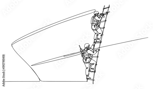 Military special forces climbing a boarding ladder on the side of a large ship