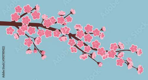 Delicate Pink Cherry Blossoms Branch with Blooming Flowers and Buds Against a Soft Blue Sky with Subtle Texture Lines Creating a Serene Natural Beauty