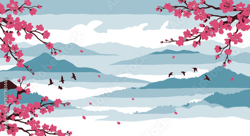 Stylized Japanese Mountain Landscape with Silhouetted Birds and Delicate Pink Cherry Blossom Branches Adorned with Flowers and Buds Against a Soft Blue Sky Backdrop