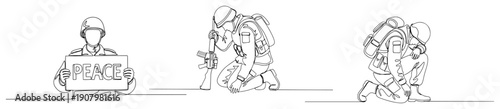 soldiers holding peace sign and kneeling in despair in continuous line art