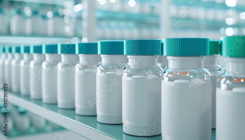 Row of medicine bottles with blank labels in a pharmaceutical facility, representing drug production, healthcare manufacturing, and medical supply storage.
