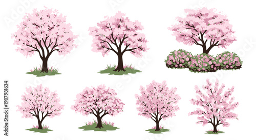 Delicate Pink Cherry Blossom Trees in Full Bloom Scattered Across a Dark Empty Space Symbolizing Springs Arrival and Floral Beauty