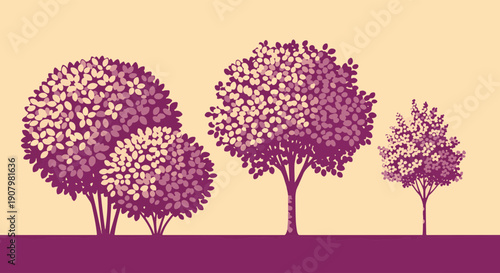 Stylized Purple Trees and Bushes of Various Sizes Standing on Solid Ground Against a Soft Beige Backdrop