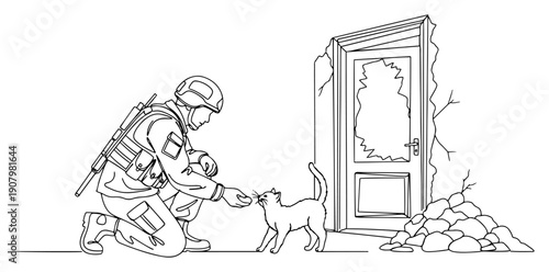 soldier kneeling to pet a stray cat amidst war ruins and rubble