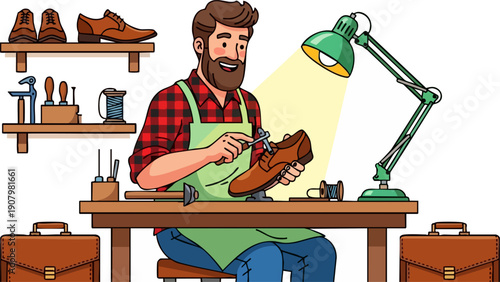 Vector illustration of a bearded shoemaker repairing a brown leather shoe at his workbench with tools and a green lamp, isolated on white