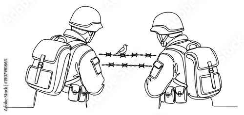 two soldiers looking at a small bird on barbed wire representing hope