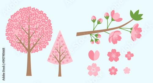 Stylized Cherry Blossom Trees Blooming Sakura Flowers Delicate Buds and Floral Elements Ideal for Spring Graphic Design