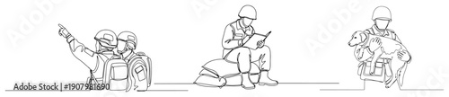 One line drawing collection of soldiers pointing sitting on sandbags and holding a small dog