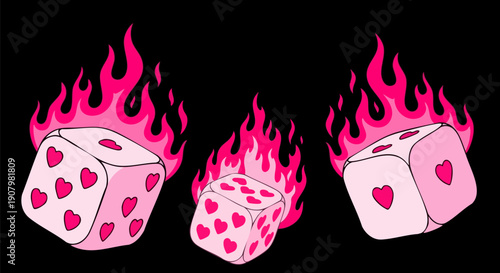 Vector illustration of three pink dice with heart pips burning with hot pink flames on black background