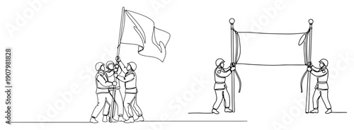 soldiers raising a flag and holding a blank banner for text