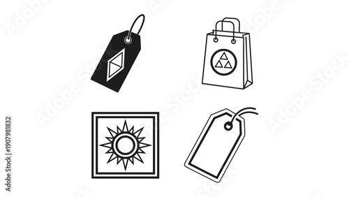 Four simple graphic icons including a shopping bag and price tags.
