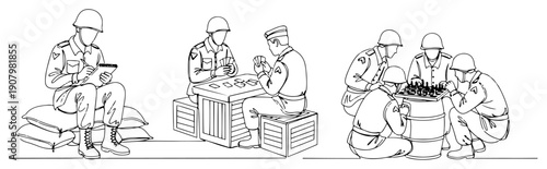 soldiers relaxing in camp playing cards and chess during downtime