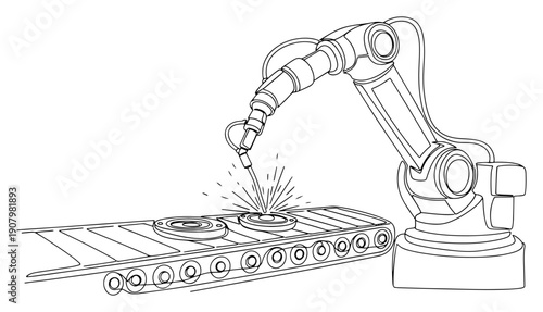 Industrial robotic arm welding metal parts on a factory conveyor belt in continuous line style