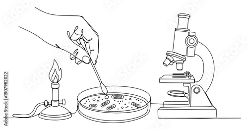 Continuous line drawing of a scientist hand using a swab on a petri dish with microscope and burner