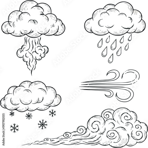 Create on Clouds ink sketch vector set. Vape steam fog rain snow air cloud symbols aero smoke isolated on white background.