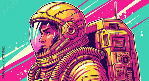 Retro Pop Art Astronaut Vector Illustration with Yellow Suit and Pink Teal Background, Sci-Fi Space Explorer Profile