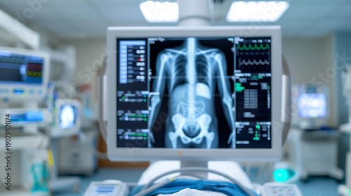 Medical monitor displaying full body X ray scan in hospital environment, representing diagnostic imaging, radiology technology, and modern patient care.