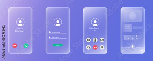 Comprehensive collection of frosted glass mobile app UI elements, featuring incoming call, login, active call, and media player screens, on a vibrant backdrop.