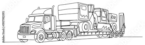 Heavy duty truck transporting large industrial machinery on a flatbed trailer line art