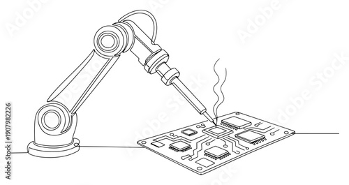 Industrial robotic arm soldering a printed circuit board in a continuous one line drawing style