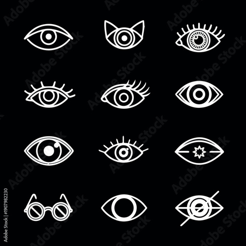 Create on Different eyes signs. White outline eye isolated on black background. Vision symbols vector set.
