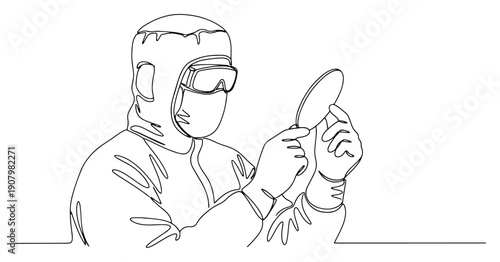Continuous one line drawing of a lab technician in protective gear holding a silicon wafer