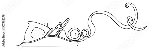 Minimalist continuous one line drawing of a classic wood planer with a long spiral shaving