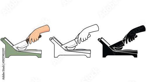 A hand uses a slicer to cut food on a kitchen counter.