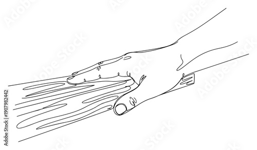 Continuous one line drawing of a human hand touching a natural wood grain surface