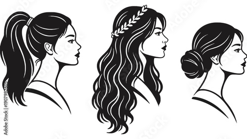 Three women's profiles showcasing different hairstyles in silhouette.