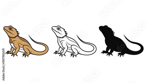 Three stylized depictions of a bearded dragon lizard.