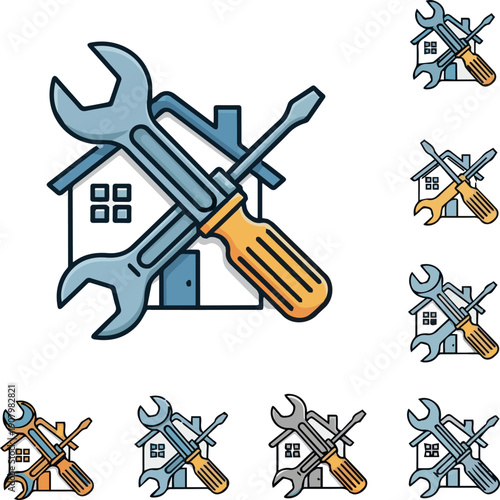 Create on Home Repair Multiple Style Icon Design Vector - House with tools wrench and screwdriver, symbolizing home repair, renovation, and maintenance.