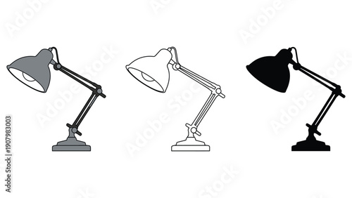 Three desk lamps are shown in different styles: grayscale, outline, and silhouette.