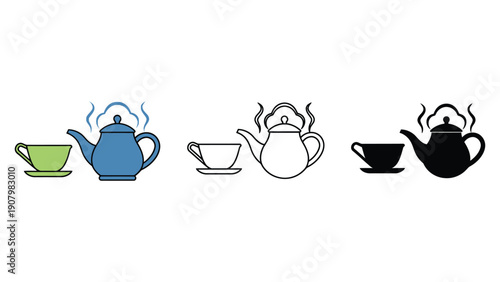 Teapot icon set with colorful and black white illustrations of tea sets