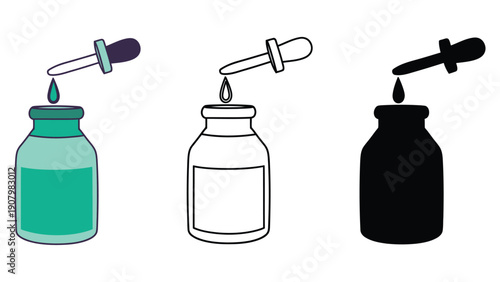 Three different styles of a dropper dispensing liquid into a bottle.
