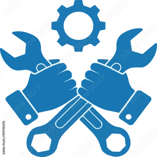 Create on Mechanical Tools Glyph Blue Silhouette Icon Design Vector - Two crossed hands holding wrenches under a gear, symbolizing engineering, machine repair, and technical service.
