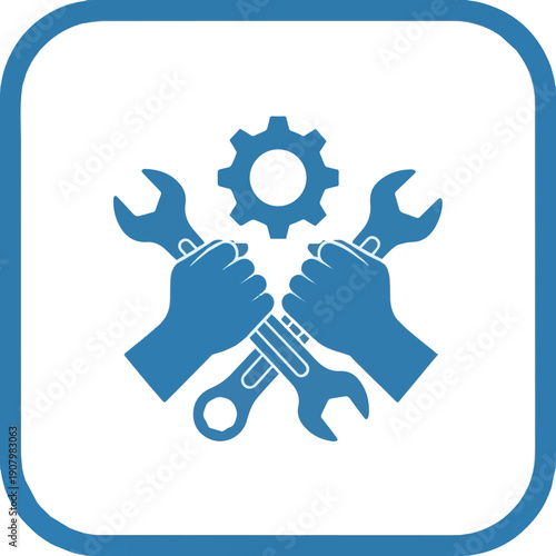 Create on Mechanical Tools Glyph Blue Silhouette Icon Design Vector - Two crossed hands holding wrenches under a gear, symbolizing engineering, machine repair, and technical service.