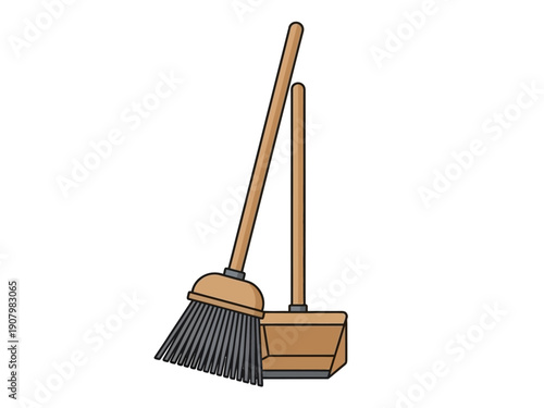 Cartoon drawing of a broom leaning against a dustpan