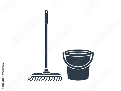 Dark blue silhouette of a mop and a bucket on a white background