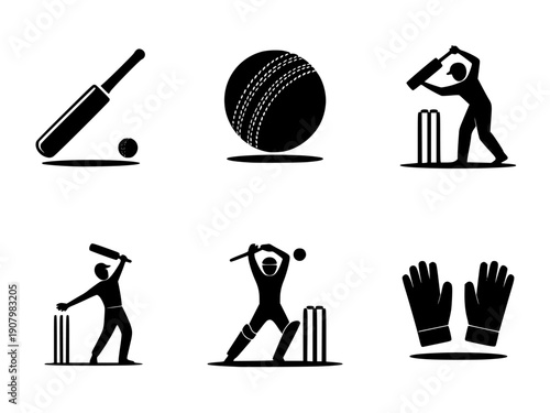 Cricket icon set, black silhouette illustrations of bat, ball, wicket, batsman, gloves for sports design, website, or marketing material isolated PNG with Transparent Background