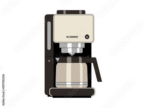 Minimalist illustration of a black and cream drip coffee maker with thermal carafe