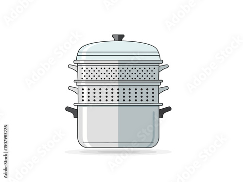 Stacked steamer pot illustration with perforated inserts and a glass lid