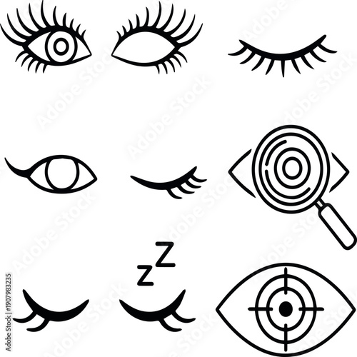  Create on Outline eye icons. Open and closed eyes images, sleeping eye shapes with eyelash, vector supervision and searching signs.